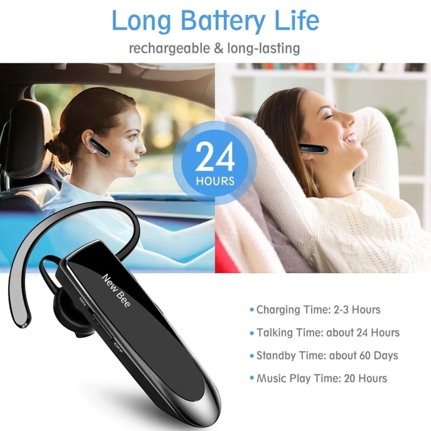 NEW BEE Bluetooth5.0 Headset Hands-Free Trucker Earpiece Noise-Canceling Headphone نيو بى سماعة رأس بدون استخدام اليدين بخاصية الغاء الضوضاء