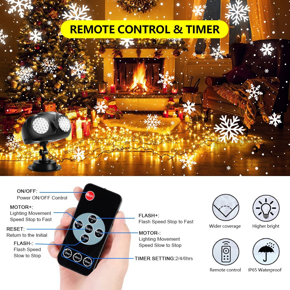 Christmas Snowflake Projector Light – Dual-Head Outdoor LED Snowfall Projector with Remote & Timer, IP65 Waterproof